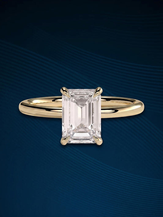 2 Carat Emerald Cut E VVS Thin Flush Fit Solitaire Ring: 14k Yellow Gold Classic Minimalist Diamond Engagement Ring