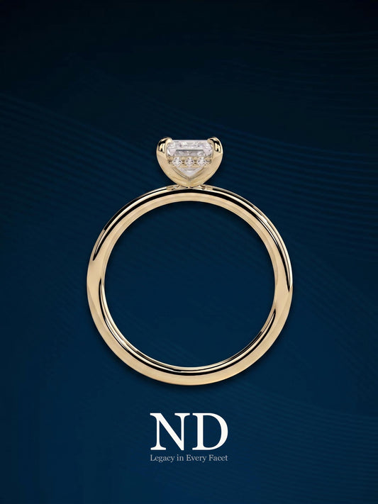 2 Carat Emerald Cut E VVS Thin Flush Fit Solitaire Ring: 14k Yellow Gold Classic Minimalist Diamond Engagement Ring