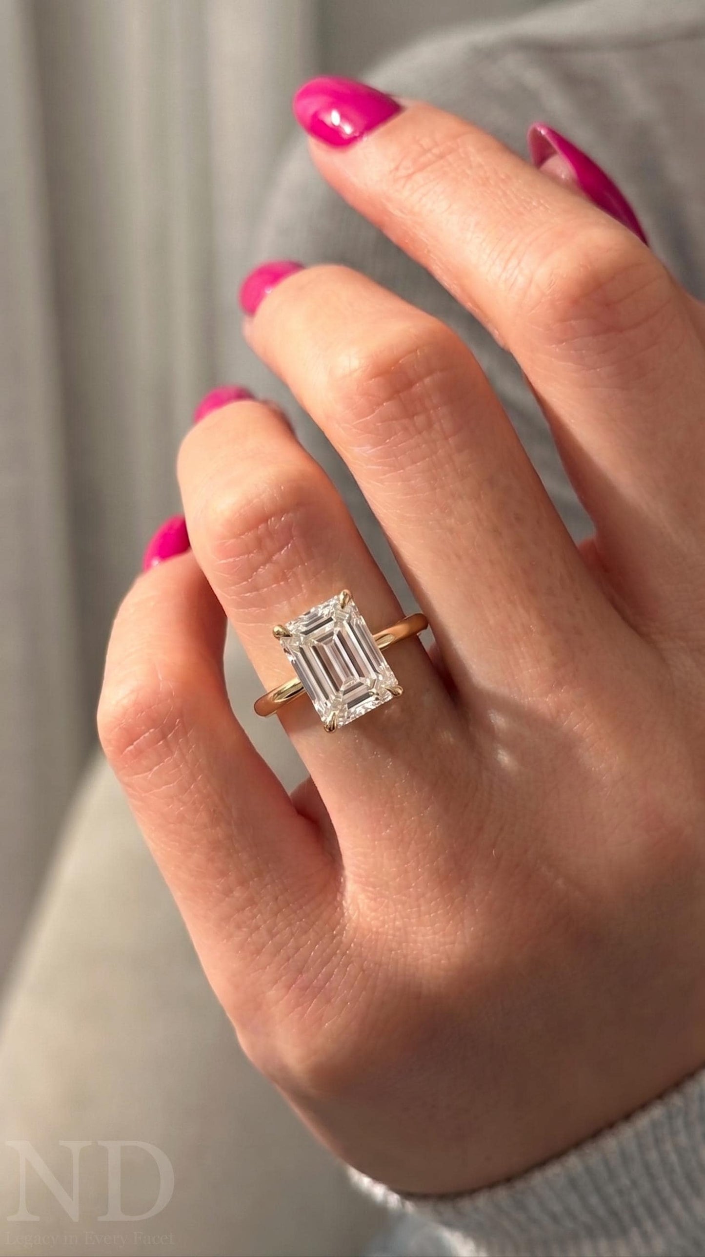 2 Carat Emerald Cut E VVS Thin Flush Fit Solitaire Ring: 14k Yellow Gold Classic Minimalist Diamond Engagement Ring