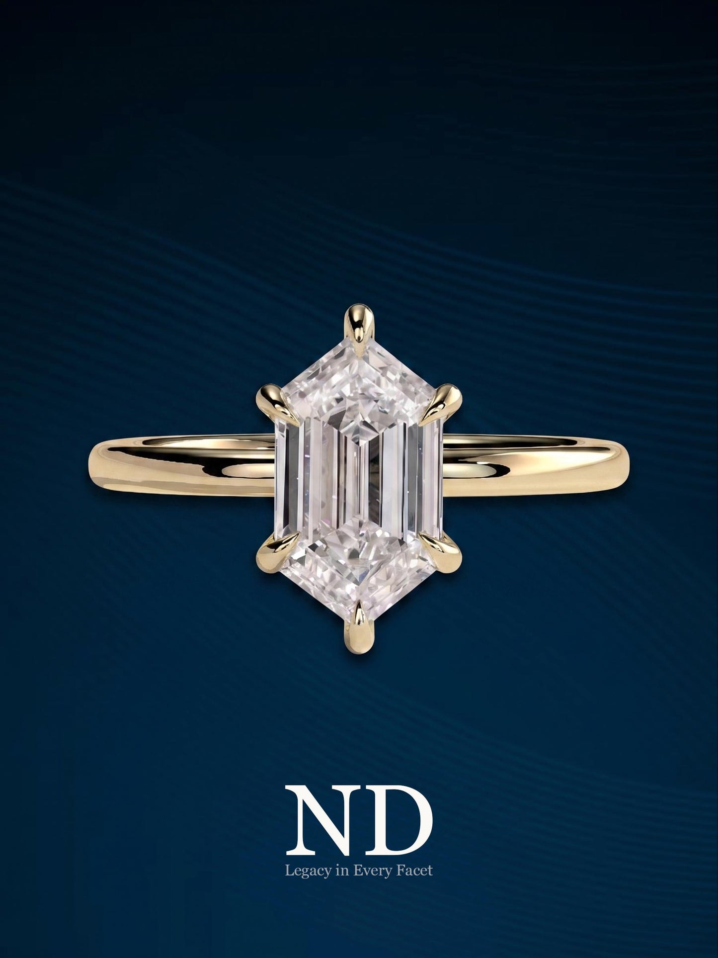 2 Carat Elongated Hexagon Cut Lab Grown Diamond Engagement Ring / 14k Yellow Gold Unique Art Deco Design / Low Set Ring / Flush Fit