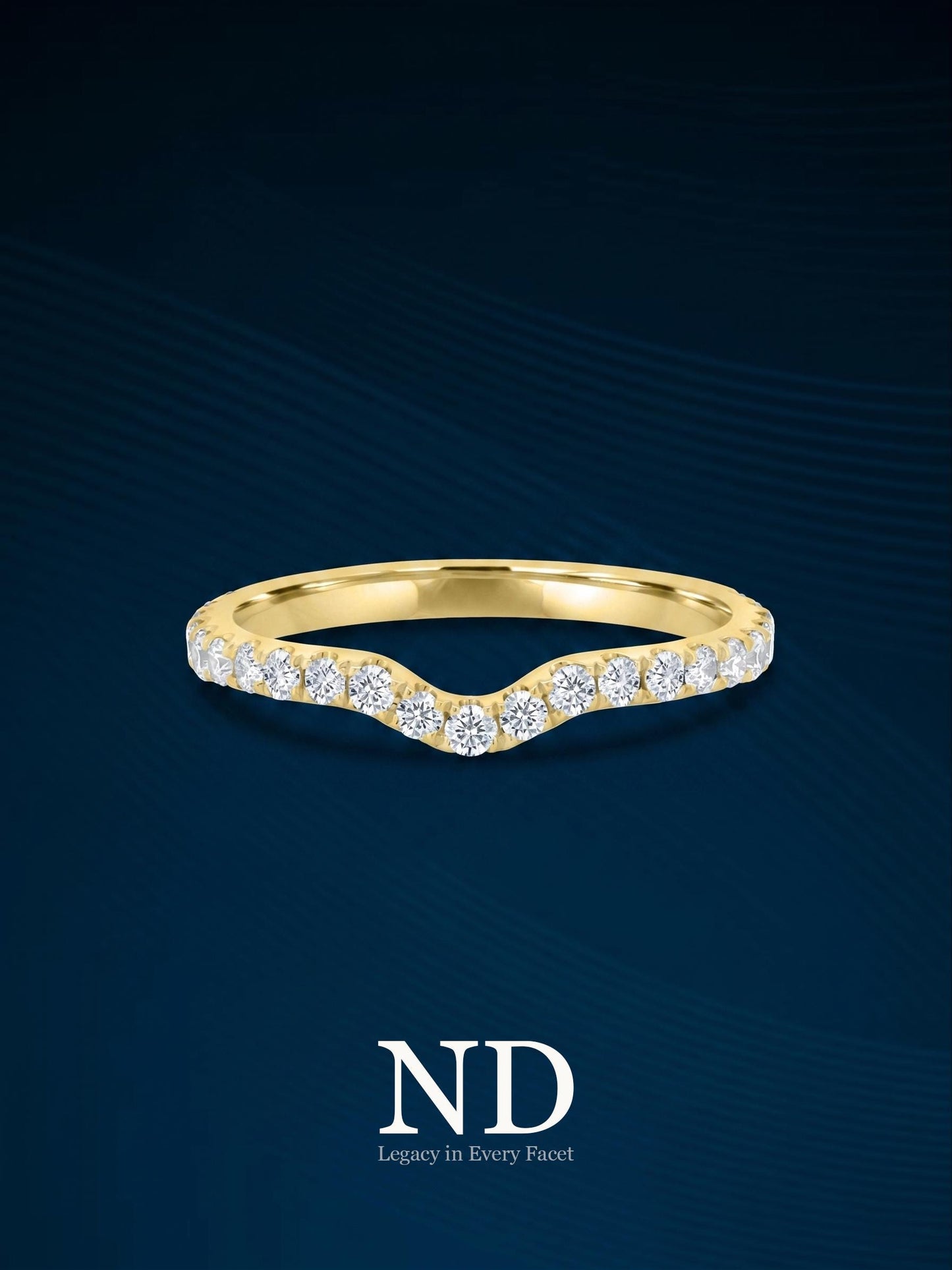 Round Cut Colorless Lab Grown Engagement Band, Curved Two Row Band, Round Stackable Half Eternity Band, 14K Solid Yellow Gold Wedding Band