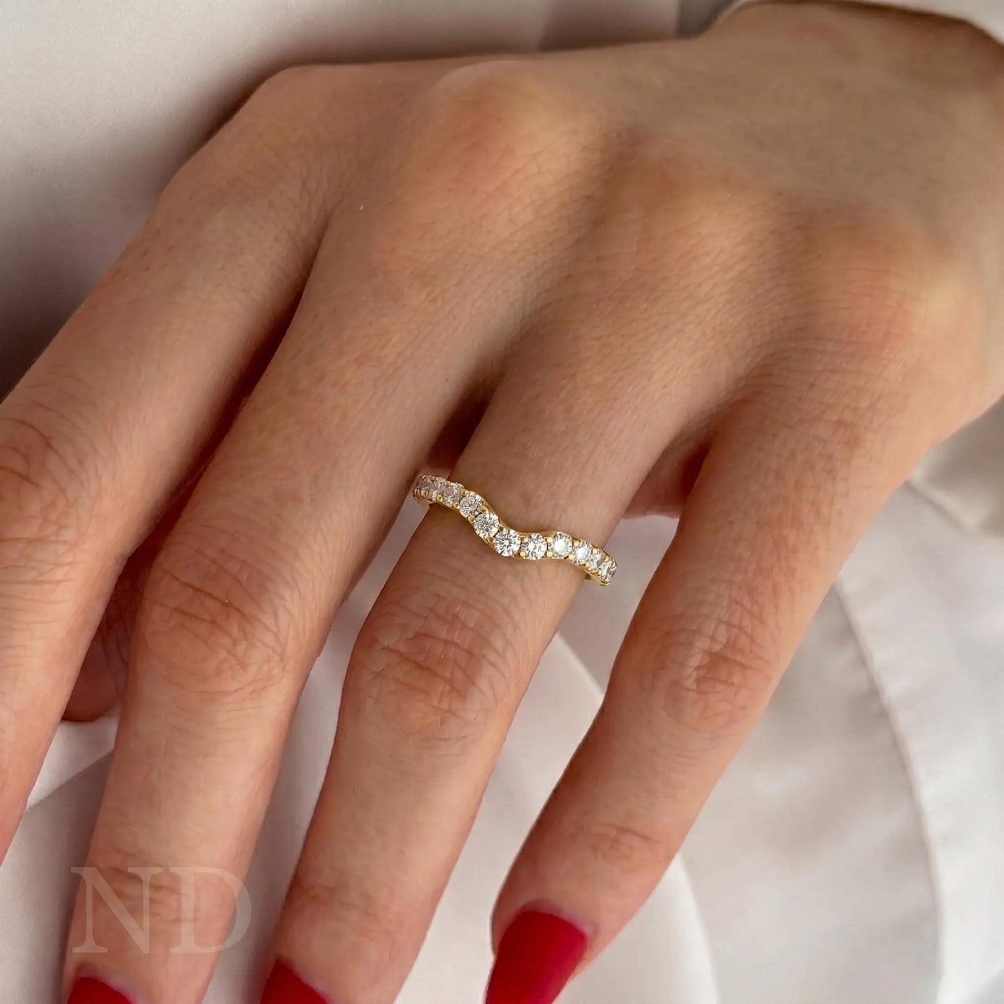 Round Cut Colorless Lab Grown Engagement Band, Curved Two Row Band, Round Stackable Half Eternity Band, 14K Solid Yellow Gold Wedding Band