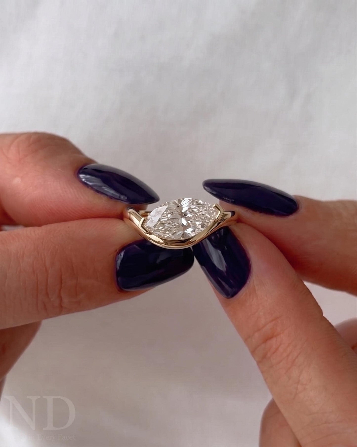 Marquise Cut Solitaire Engagement Ring | Moissanite or Lab Grown Diamond Ring | 2 Claw Marquise Ring with Wave Band & East West Setting Ring