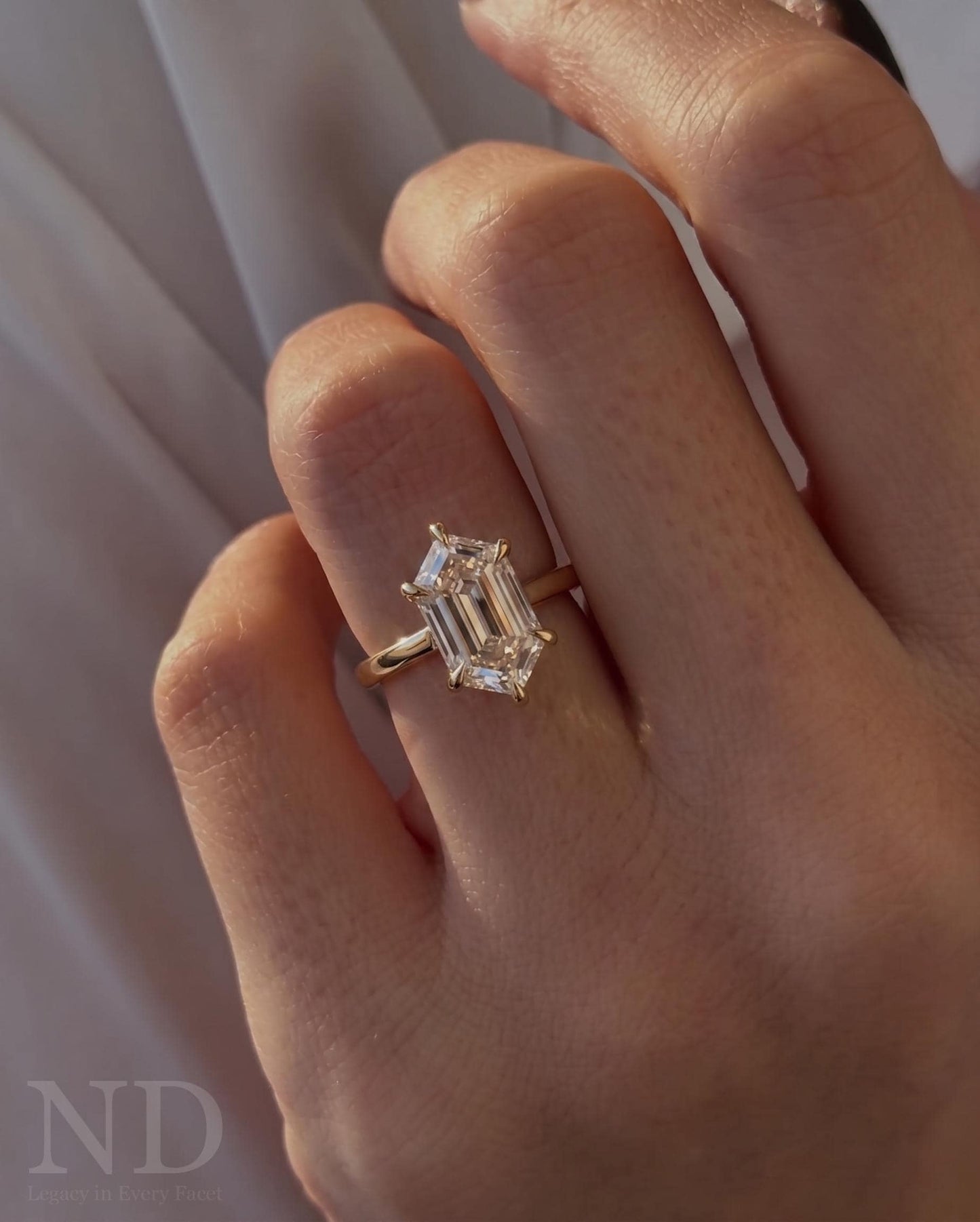 2 Carat Elongated Hexagon Cut Lab Grown Diamond Engagement Ring / 14k Yellow Gold Unique Art Deco Design / Low Set Ring / Flush Fit