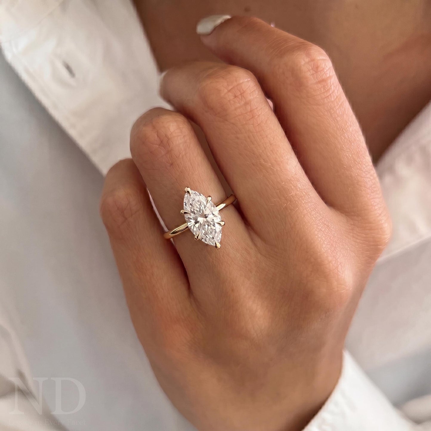 2 Carat Marquise Cut Lab Grown Diamond Hidden Halo Engagement Ring / E VVS IGI Certified / Thin Proposal Ring in 18k Yellow Gold 6 Prong