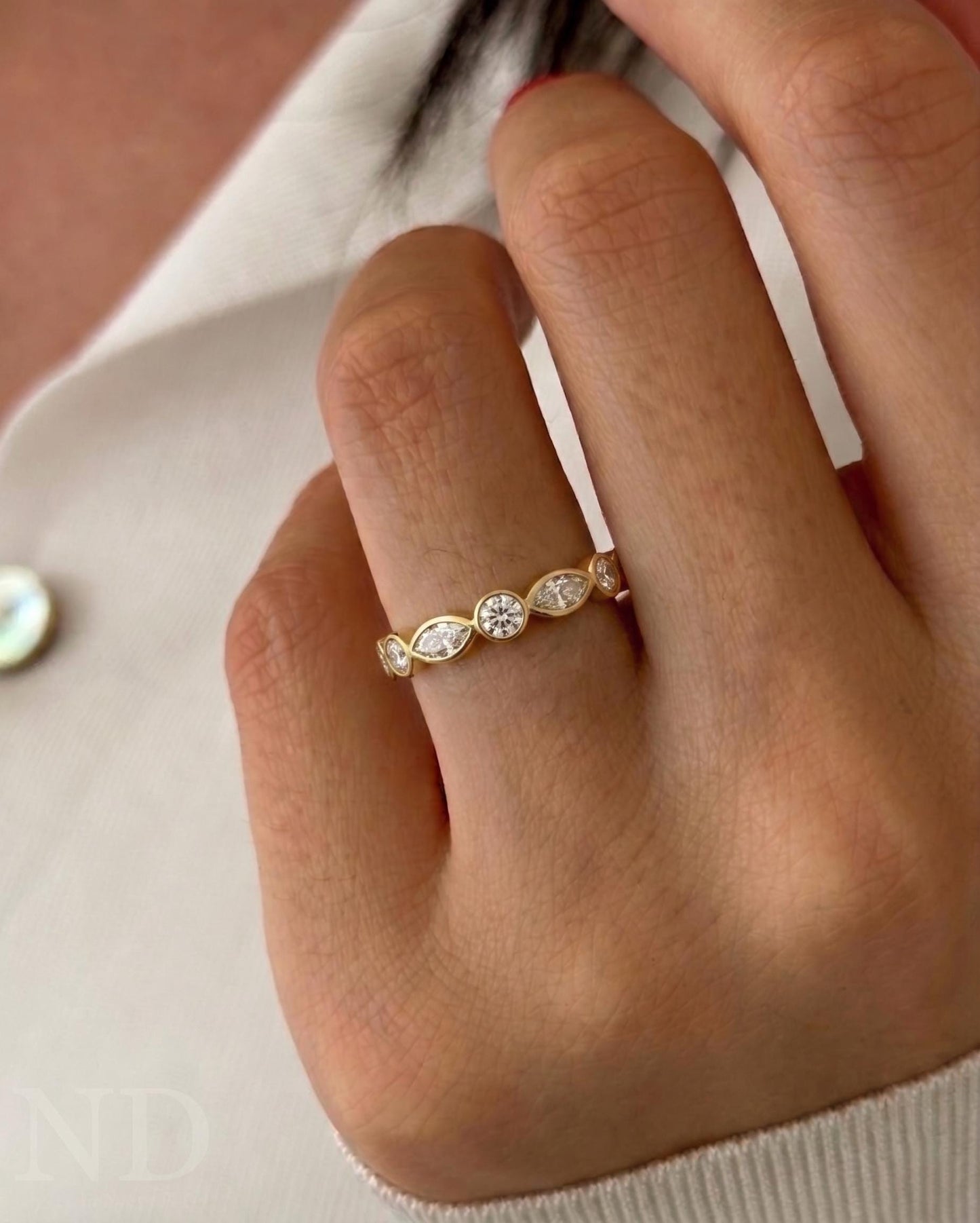 Lab Grown Diamond Wedding Band: Marquise & Round Cut, Bezel Set, Solid Gold, Wedding Matching Band