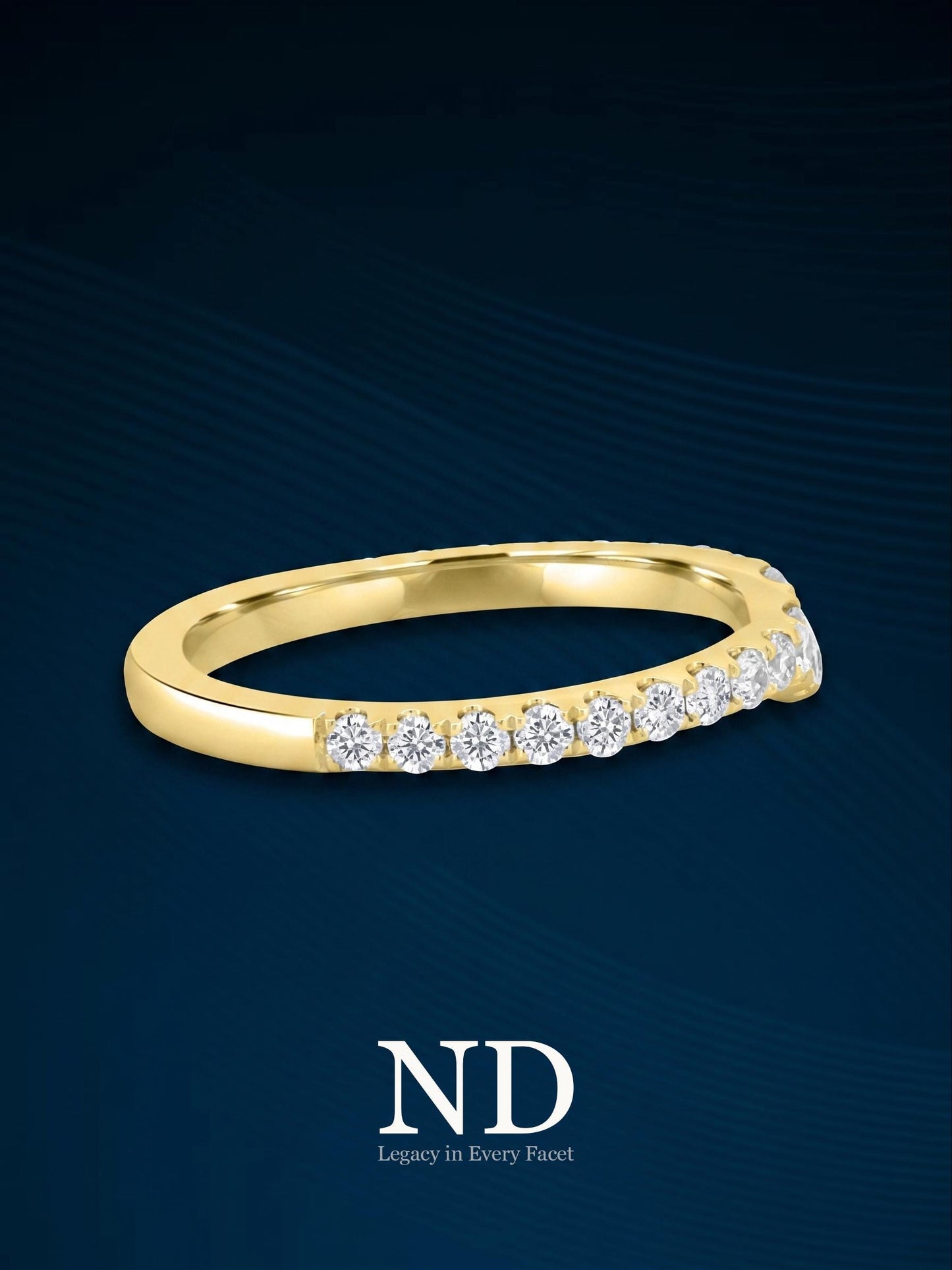 Round Cut Colorless Lab Grown Engagement Band, Curved Two Row Band, Round Stackable Half Eternity Band, 14K Solid Yellow Gold Wedding Band