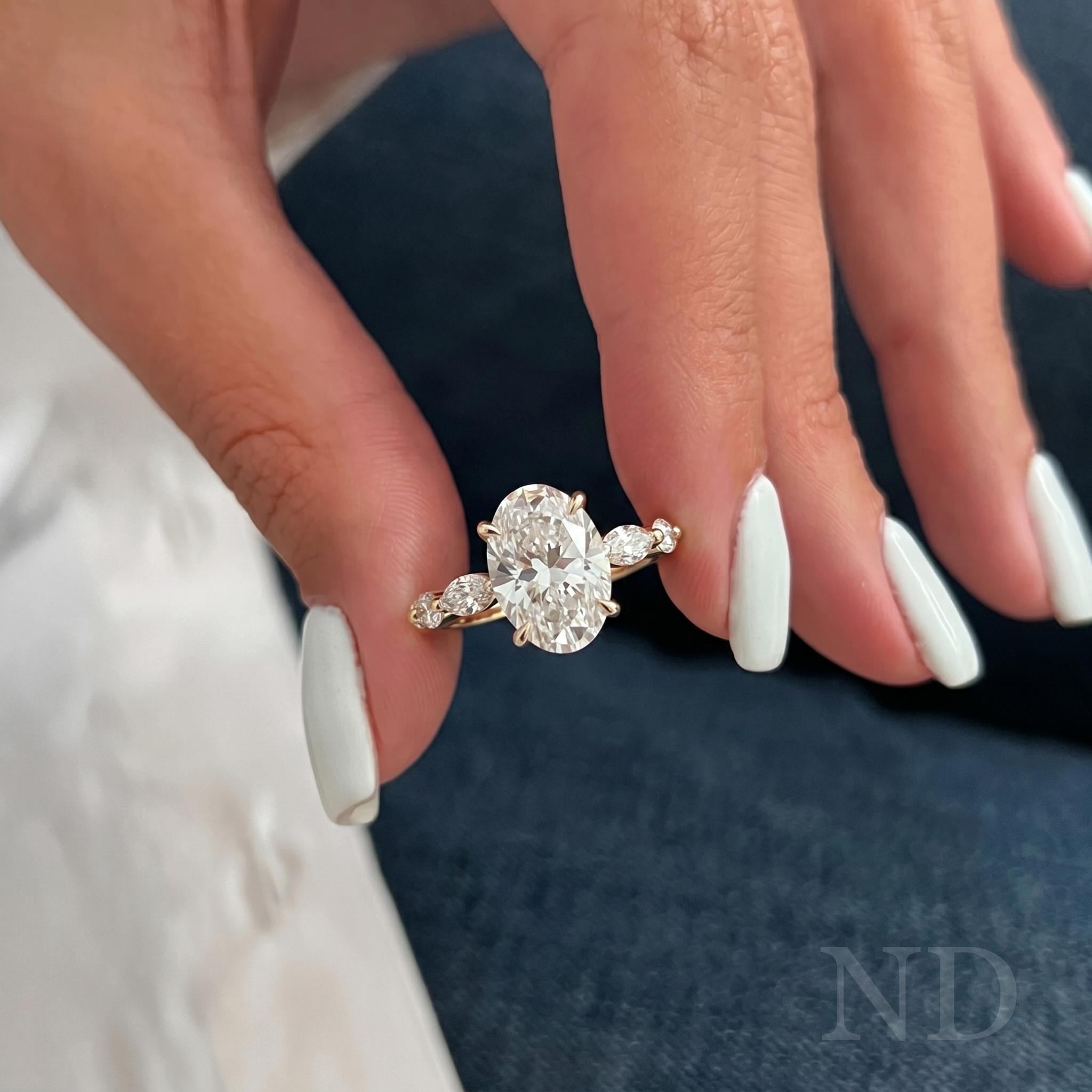 2 CT Oval Lab Grown Diamond Ring 14K Yellow Gold | Marquise Side Stone Band | IGI Certified Engagement Ring | Ethical Bridal Gift