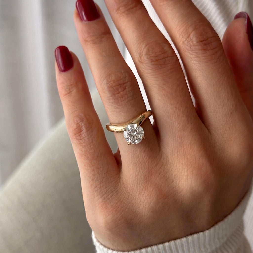 2 Carat Gold solitaire engagement ring – round cut diamond ring for her – minimalist chunky gold band – modern proposal & wedding ring