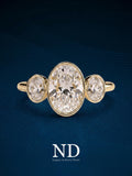 2 Carat E VS1 Oval Lab Grown Diamond Bezel Set Engagement Ring in Yellow Gold / Oval Three Stone Bezel Set Diamond Ring / Art Deco Ring
